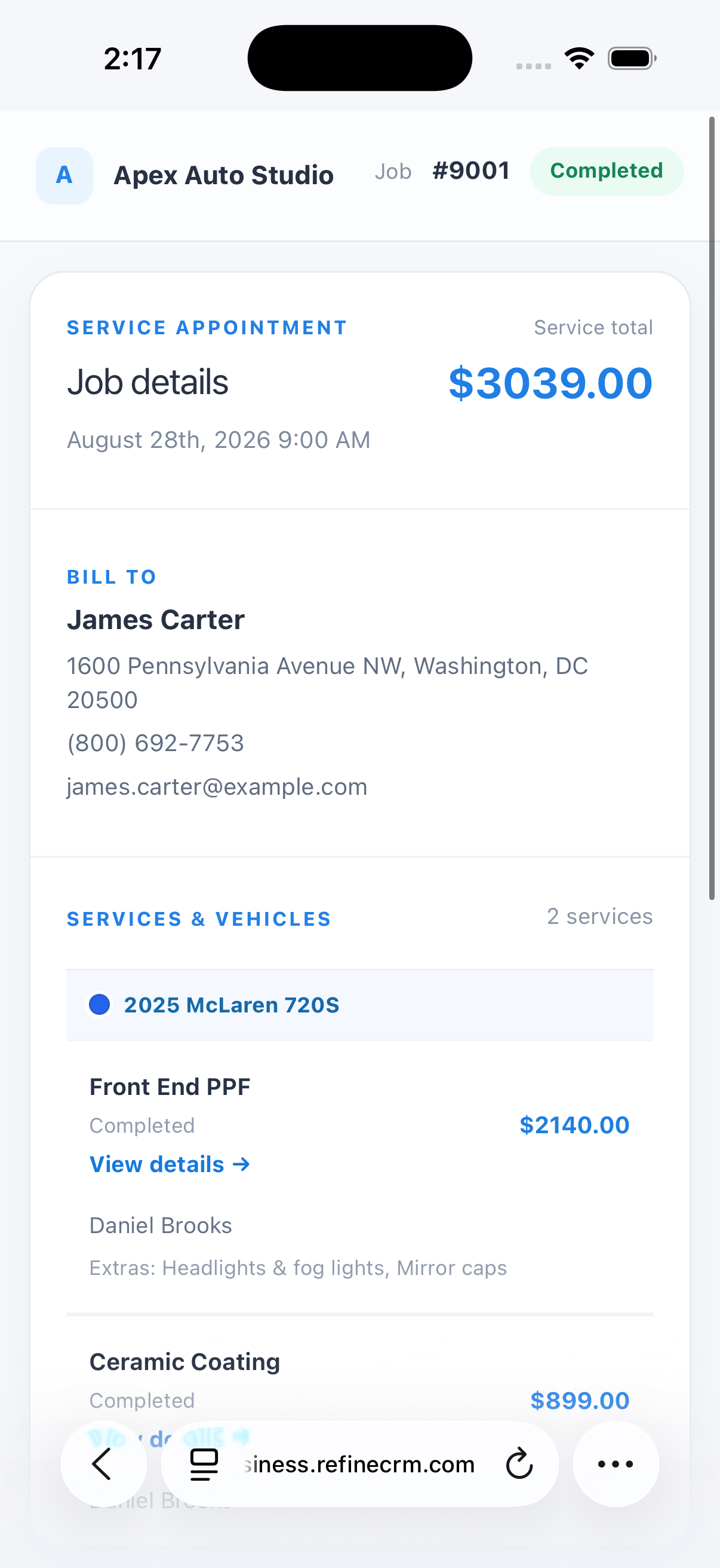 Completed auto detailing appointment in the Refine customer portal